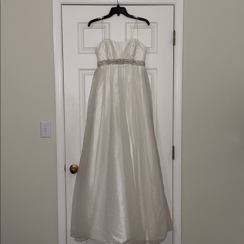 White beaded tulle spaghetti strap prom gown